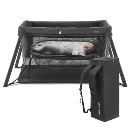 2 in 1 Portable Travel Crib for Toddler, Foldable Crib for Baby, Lightweight Playpen Collapsible Playard with Soft Mattress, Easy to Carry Baby Travel Bed for Outdoor, Indoor (Black)