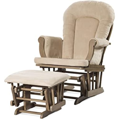 Child Craft Cozy Glider Rocker and Ottoman Set, Padded Cushion with Convenient Storage Pockets, Solid Wood Base & Frame (Dusty Heather with Beige Cushion)