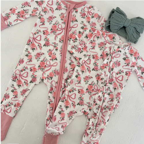 2-Way Zip Ruffle Back Footie, Ribbons & Flowers – SpearmintLOVE