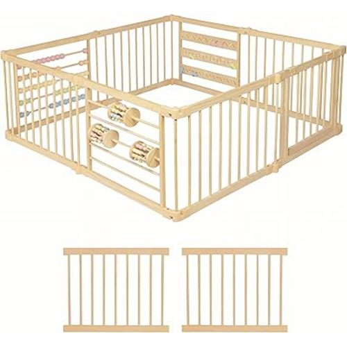 Wooden Playpen Extra Large for Toddlers and Babies - 3 Theme Toy Design - (8/10) Wood Panels - Foldable and Adjustable Baby playpen - Extra Large Baby playpen