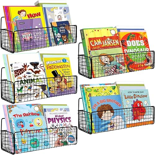 Wall Mounted Metal Kids Bookshelf, Metal Wire Storage Bookshelf, Floating Book Shelves for Kids Room, Metal Hanging Bookshelve Organizer for Room Decor (Black, 5 Pack)