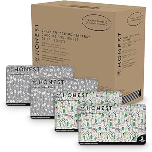 The Honest Company Clean Conscious Diapers | Plant-Based, Sustainable | Pandas + Barnyard Babies | Super Club Box, Size 2 (12-18 lbs), 124 Count
