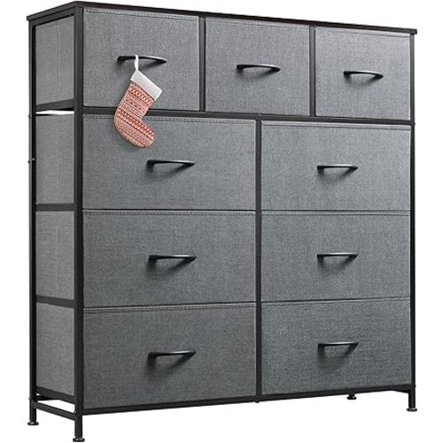 WLIVE 9-Drawer Dresser, Fabric Storage Tower for Bedroom, Hallway, Entryway, Closet, Tall Chest Organizer Unit with Fabric Bins, Steel Frame, Wood Top, Easy Pull Handle, Dark Grey