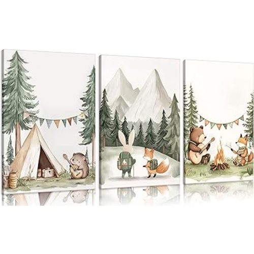 3Pcs Woodland Animal Nursery Wall Art Boys Room Wall Decor 12x16in Framed