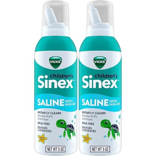 Vicks Sinex, Children's Saline Nasal Spray, Drug Free Ultra Fine Mist with Hint of Aloe, Ages 1+, Fast Everyday Stuffy Nose Relief for Kids, Clear Mucus from a Cold or Allergy, 5 OZ x 2