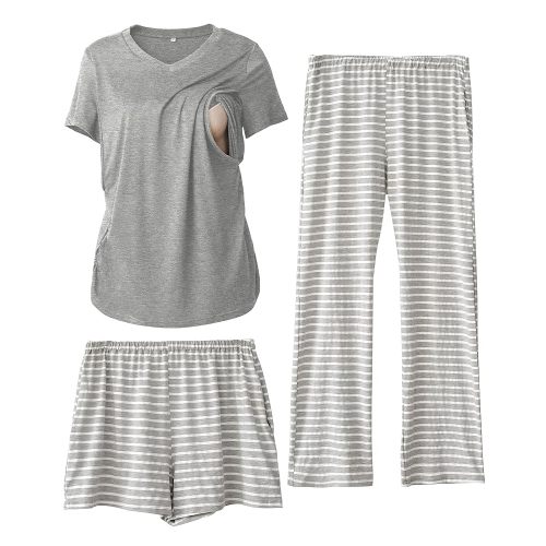 Rnxrbb 3 Piece Women's Maternity Nursing Pajamas Set V Neck Breastfeeding Pjs Sleepwear Postpartum Shorts&Pants Pockets
