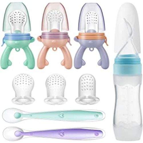 PandaEar Baby Fresh Fruit Food Feeder Pacifier Teether (3 Pack) |Food Dispensing Spoon (1 Pack)| Food Grade Soft Safe BPA-Free Silicone Pouches (3 Extra)|Soft Spoons (2 Pack)