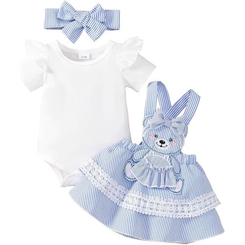 Baby Girl Clothes Cute Summer Outfits Short Sleeve Romper Adjustable Floral Overall Dress Headband 3PCS