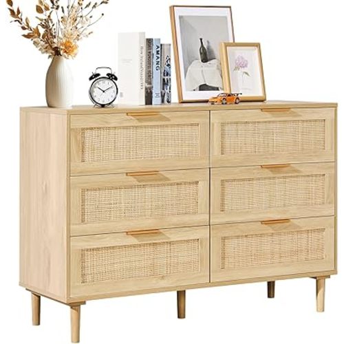 VEVOR 6 Drawer Rattan Dresser, Boho Dresser, Rattan Chest of Drawers with Spacious Storage, Natural Rattan Dresser for Bedroom, Living Room & Hallway,Rattan Nightstand with Sturdy Handles&Legs, Brown