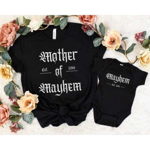 Personalized Mom and Baby Matching Shirts, Mother of Mayhem Shirt, Goth Mommy and Me Shirts, Mayhem Baby Bodysuit, Mom Est Shirt
