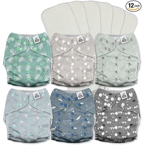 Mama Koala 3.0 Pocket Cloth Diapers for Babies with AWJ Lining, 6 Pack with 6 5-Layer Natural Cloth Diaper Inserts - Reusable and Washable Pocket Diapers(A-The Gray Sky)
