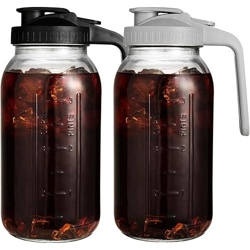 2 Pack 64 oz Glass Pitcher with Lid, Wide Mouth Glass Storage Container, Leak Proof Glass Milk Bottle for Fridge Cold Beverages and Iced Coffee (Black+Gray)
