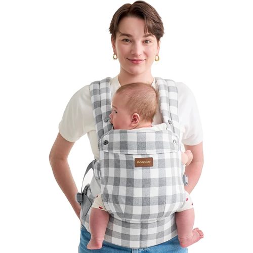 Momcozy Baby Carrier with Natural Cotton Linen, Built to Last, Ergonomic Design, Lightweight and Comfortable, Hands-Free for Moms&Dads, Slate Checkerboard