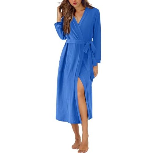Ekouaer Waffle Robes for Women Long Knit Bathrobe Lightweight Kimono Spa Robe Soft Loungewear with Pockets S-XXL