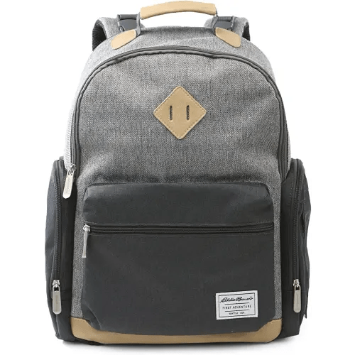 Eddie Bauer Places & Spaces Bridgeport Diaper Bag Backpack, Cooler Bottle Pockets and Changing Pad Included, Light Grey and Tan