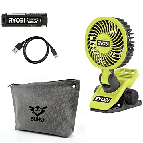 Buho Clamp Fan Accessory Bundle - Ryobi USB Fan Powerful Cooling Adjustable Head Multi-Directional Airflow 2 Speed Settings 135 CFM 7 Hours Runtime Clamping Capacity Zipper Pouch