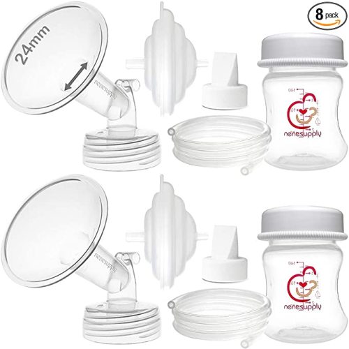 Nenesupply 24mm Flange Pump Parts Compatible w Spectra S2 S1 Breast Pumps Replacement Kit for Spectra Pump Parts 24mm S2 Parts S2 Accessories Inc Flange Duckbill Valve Backflow Protector Bottles - Flange 24mm + Bottles