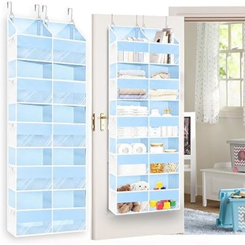 Blue Over the Door Organizer 5 Tiers, Extra Large Behind Door Storage of 10 Compartments, 80 lbs Weight Capacity Hanging Storage Organizer with Clear Window Kids Toys, Shoes, Diapers, Room storage