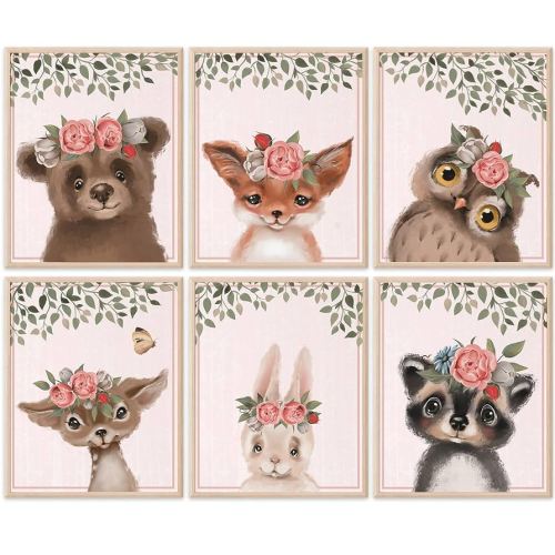 Woodland Animals Nursery Wall Art Prints (Set of 6) - Unframed - 8x10s | Set Includes Bear, Fox, Owl, Deer, Bunny Rabbit, and Raccoon wearing Floral Crowns