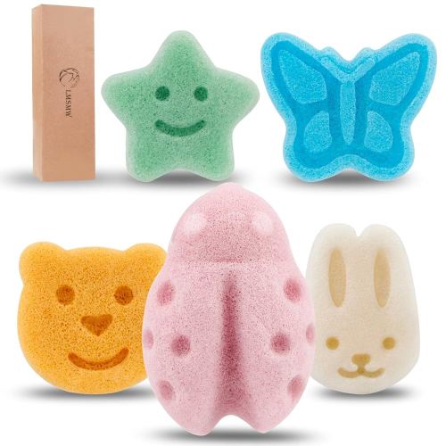 Konjac Baby Sponge Set for Bathing - Natural Soft Bath Sponges for Infants Newborns Toddlers with Cute Cartoon Shapes Safe Organic Kids Baby Bath Loofahs Ideal for Toddler Bath Time (5pcs)