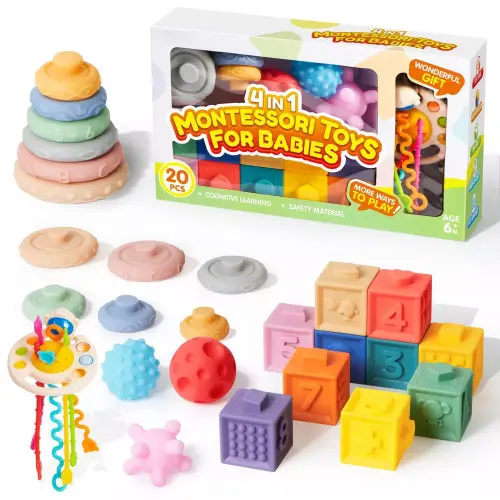 SYNCFUN Montessori Baby Toys Set for 0-12 Months, Sensory Stacking Rings Blocks Teether