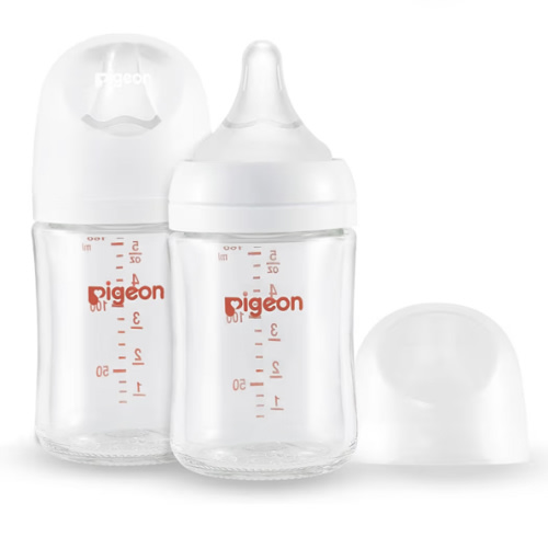 Pigeon Glass Nursing Bottle Wide Neck, Anti-Colic, Streamlined Body, Natural Feel, Easy to Clean, Heat-Resistant, 5.4 Oz(Pack of 2), Includes 2pcs SS Nipples (0m+)