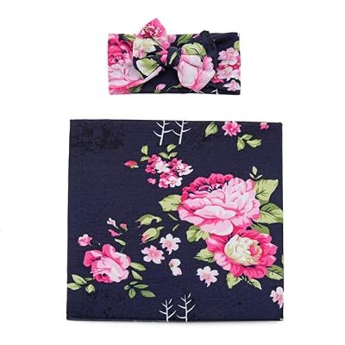 Galabloomer Newborn Receiving Blanket Headband Set Baby Flower Rose Swaddle with Big Bow (Blue Nights)