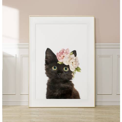 Black Kitten Wall Art Print with Flower Crown ~ Girls Bedroom Decor ~ Printable Digital Download