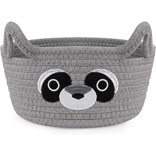 Small Storage Basket for Nursery, Raccoon Storage Basket, Round Woven Rope Cotton Storage, Baby Blanket 0rganizer with Ears Handles, Animal Blanket Towel Decor Storage Bins, 8.2"D x 4.7"H IN