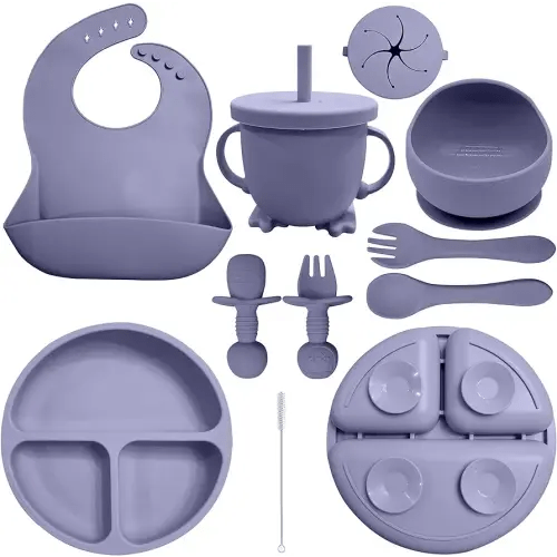 Baby Led Weaning Supplies | 10 Piece Silicone Feeding Set | Baby Toddler Bib Cup Divided Plate and Bowl Self Feeding Spoons Dish Set | Baby Utensils | Toddler Feeding Supplies (Purple)