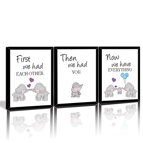 KAIRNE Watercolor Elephant Family Framed Canvas Wall Art,First We Had Each Other Quote Art Print With Black Frames,Nursery Animal Love Words Picture Ready to Hang For Kids Room Decor