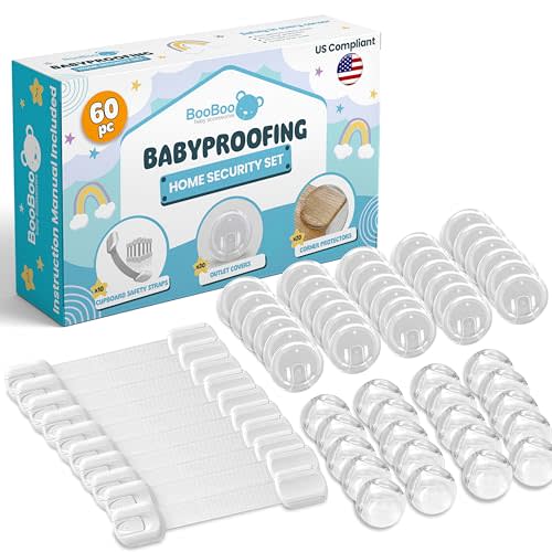 Booboo (60 Pack) Child Safety Baby Proofing Kit | x10 Cabinet Drawer Locks, x20 Corner Guards, x30 Outlet Covers | Baby Proof Your Home & Kitchen with No Trapped Fingers | No Tools Needed