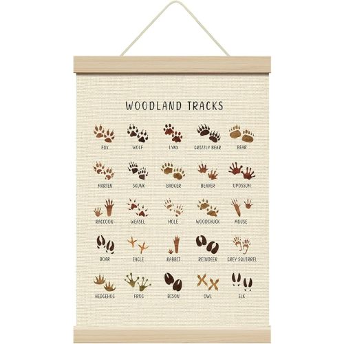 ZEDEV Woodland Tracks Poster Hanger with Wood Frames 12x16 Inches, Forest Animals Canvas Wall Art, Artwork Hanging Kit for Kid Room Nursery Classroom Playroom Living Room Wall Decor-03