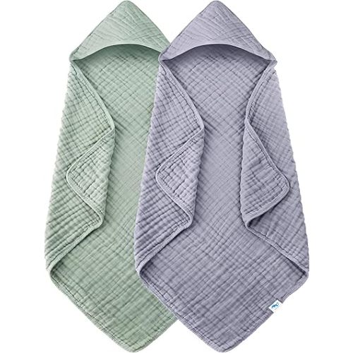 SWEET DOLPHIN Muslin Hooded Baby Bath Towels - 2 Pack 100% Cotton Towel for Babies, Infants, Toddlers - 32x32Inch - Highly Absorbent and Newborn Essential, Green and Grey