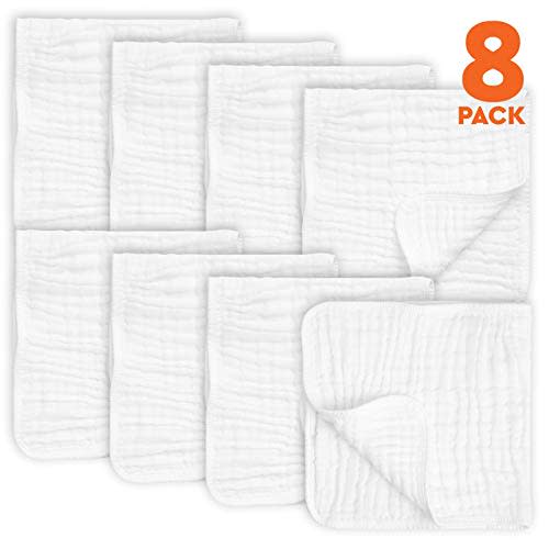 AllSett Baby 8 Pack Muslin Burp Cloths Large 20" by 10" 100% Cotton, Hand Wash Cloth 6 Layers Extra Absorbent and Soft