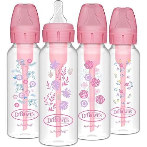 Dr. Brown's Natural Flow Anti-Colic Options+ Narrow Baby Bottle, Pink Floral, 8 oz/250 mL, with Level 1 Slow Flow Nipples, 0m+, 4 Pack