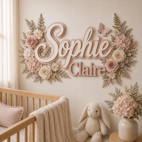 Personalized Baby Name Sign, Custom Nursery Wall Decor, Floral Wooden Name Plaque, Baby Girl Room Decor, Newborn Gift, Baby Shower Gift