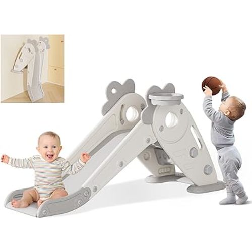 BIERUM Toddler Slide, 3 in 1 Indoor Foldable Kids Slide for Toddlers Age 1-2, Carrot Theme Freestanding Slide, Baby Play Slide, Indoor and Outdoor Playground, Baby Playset with Basketball Hoop White