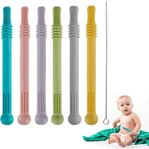 Fu Store Hollow Teether Tube Chew Straw Sensory Toy for Infant Toddlers Silicone Tubes Teething Toys for Babies 3-12 Months 0-36 Months Gifts Learning Developmental Toys BPA Free Freezable 6 Pack