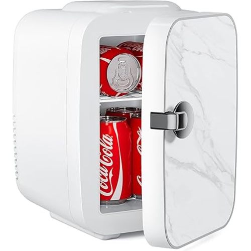 Mini Fridge, 4 Liter/6 Cans Portable Small, 12V AC/DC Cooler and Warmer Compact Refrigerator, Skin Care, Cosmetics, Food, for Bedroom, Marble White