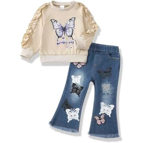 Renotemy Toddler Baby Girl Clothes Fall Winter Outfits Gifts Sweatshirt Jeans Bell Bottom Pants Set for 12Months-5 Year Girls