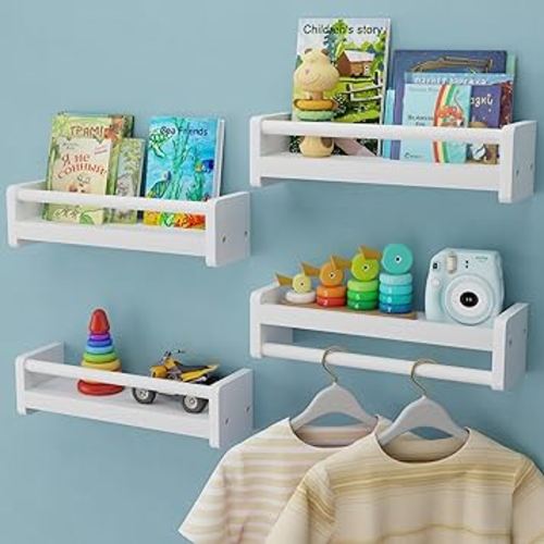 Nursery Floating Shelves with Hanging Rod, 16 Inch Kid's Bookshelves Set of 4, Wall Mounted Baby Clothes Organizer, Kitchen Spice Rack, Picture Ledge Shelf, Matte White