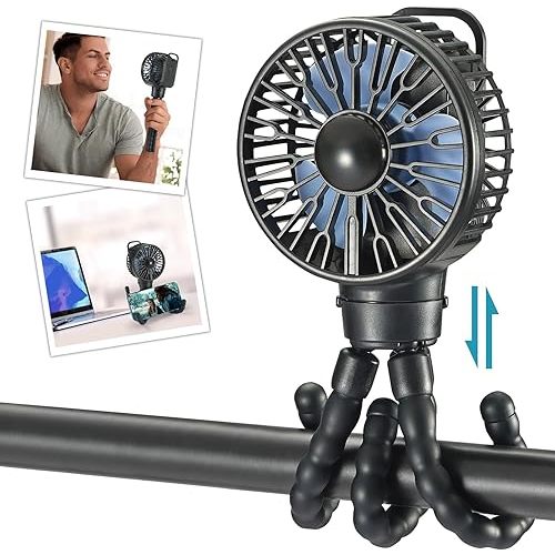 snawowo Mini Portable Stroller Fan, Battery Operated Personal Small Handheld Fan with Flexible Tripod, 3 Speed Rechargeable Clip On Fan for Car Seat Crib Treadmill Travel Camping Black