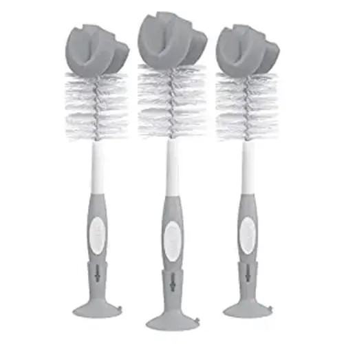Dr. Brown's Reusable Sponge Baby Bottle Cleaning Brush Set with Suction Cup Stand, Scrubber and Nipple Cleaner, Gray, 3 Pack