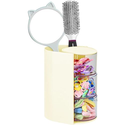 Hair Accessories Organizer with Hair Brush Holder, Rotatable Makeup Brush and Jewelry Storage Box for Hair Clips, Earrings, Necklaces, Bracelets, Rings, and Daily Accessories (Off White,3-Layer)