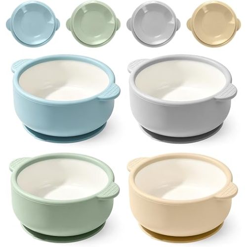 Baby Ceramic Bowls with Silicone Sleeves Suction | Divided Kids Porcelain Bowls | Microwave & Dishwasher Safe | Perfect for Baby-Led Weaning | Non Slip Dinnerware | Snack Dishes | 4 Pack