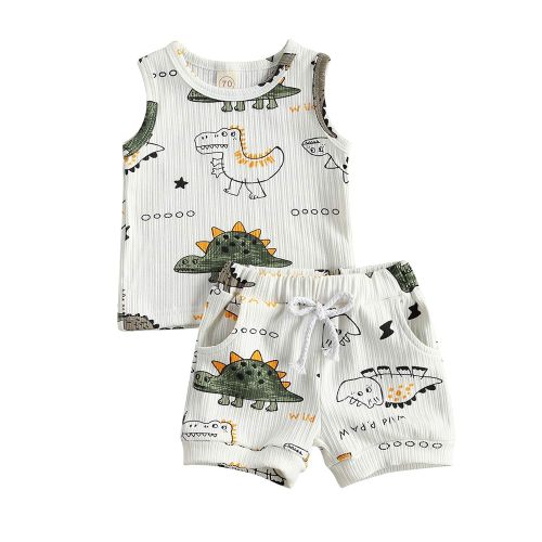 Ledy Champswiin Toddler Boy Clothes Baby Summer Outfit Dinosaur Letter Print Cotton Tops+Grey Elastic Shorts 2pcs