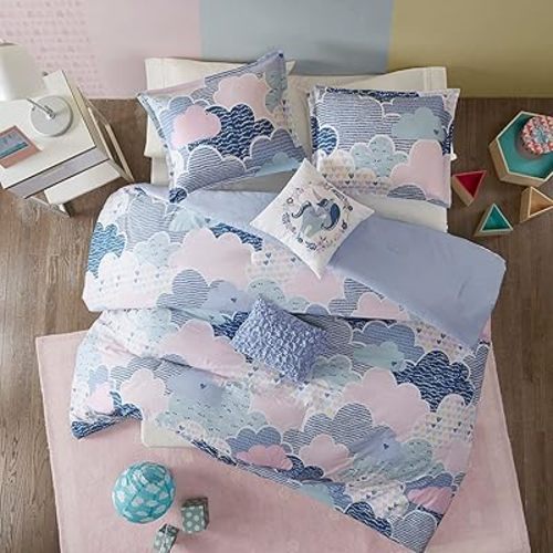 Duvet Set Vibrant Fun and Playful Print All Season Comforter Cover Matching Shams, Decorative Pillow, Children Bedding, Bedroom Décor, Twin/Twin XL, Cloud Blue 4 Piece