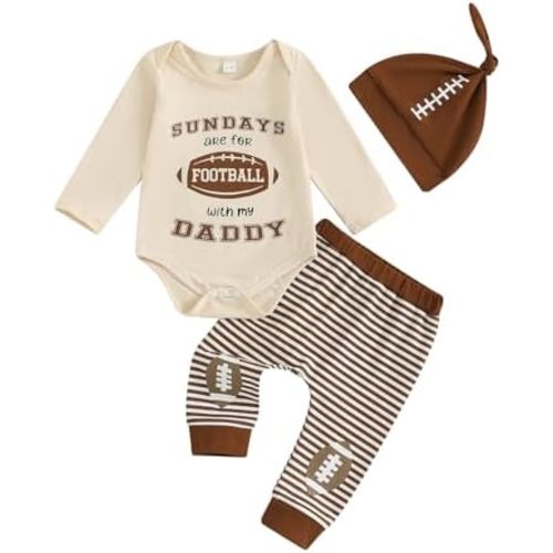Karuedoo Newborn Baby Boy Football Outfit Sundays Are For Football with Daddy Long Sleeve Romper Football Pants Hat 3Pcs Sets
