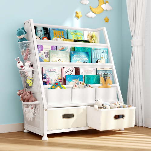 Joqixon 24.8"x11.8" Kid's Bookshelf and Toy Storage: Bookshelf for Kids Room with Two Drawers to Storage Books and Toys Organizer - Sling Book Shelves with 3 Side Pockets for Nursery, Bedroom, Playro